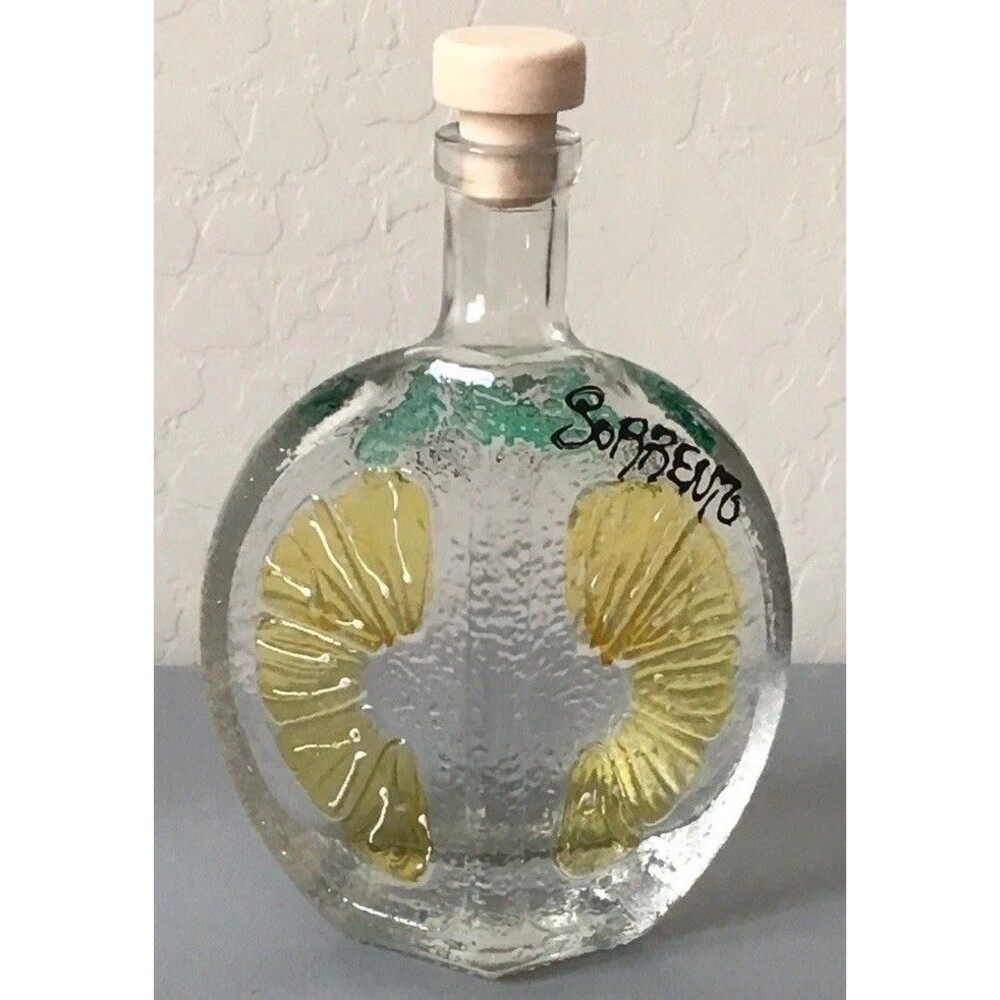 SORRENTO Italy Hand-Painted Lemon Designed Glass Bottle with Wood Topper 6" VTG